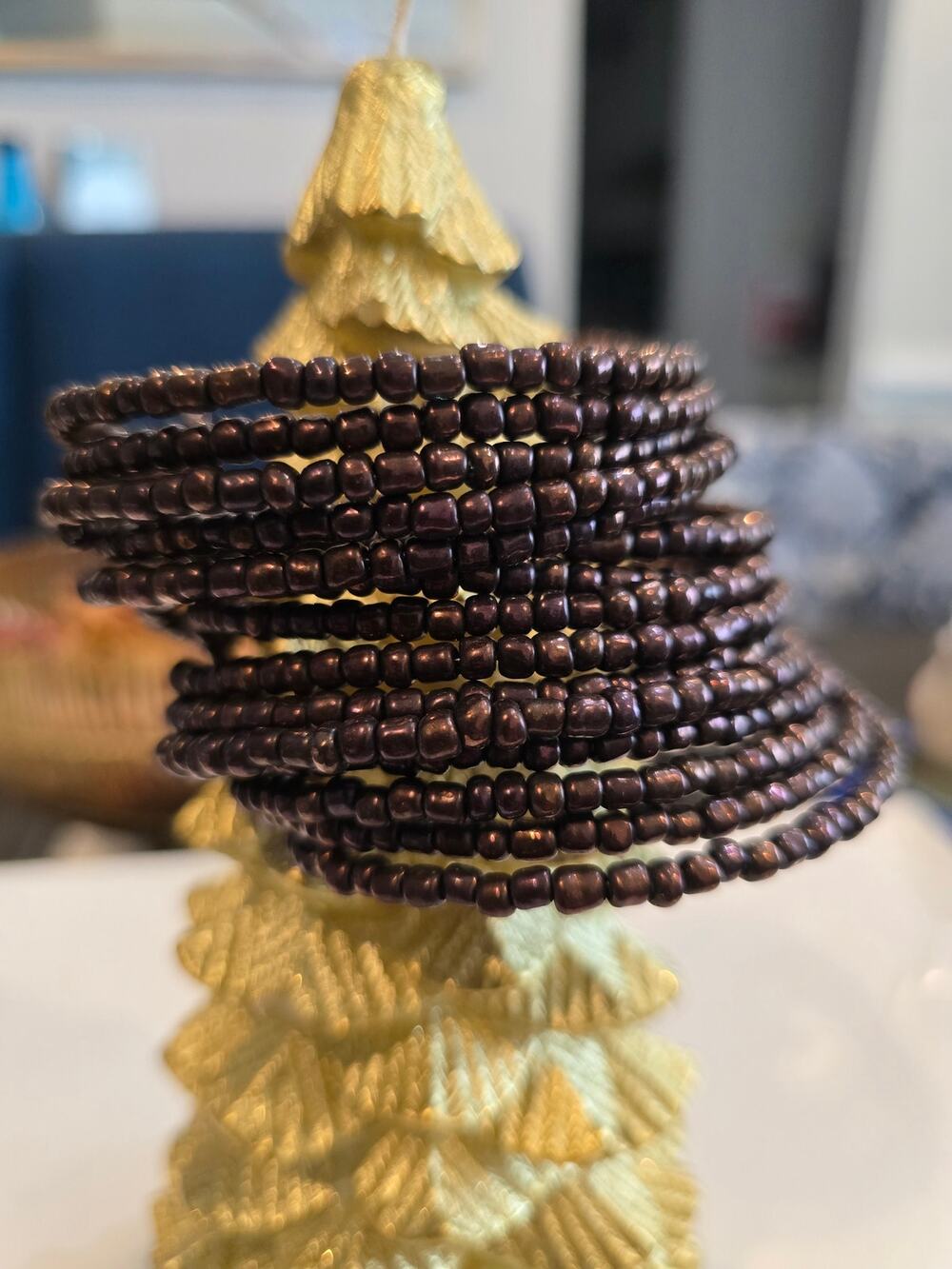Long brown beaded open cuff bracelet